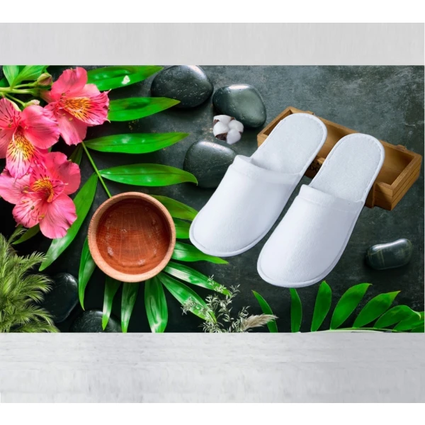 Papuci hotelieri de lux, din frotir gros, albi, inchisi la varf, usori, talpa speciala 5mm, marime unica 44