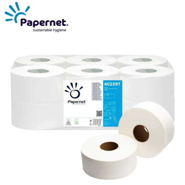 Hartie igienica mini jumbo Papernet 402297, alba, 2straturi, celuloza, 140 m, 459 portii, 12 role/bax, certificata Ecolabel