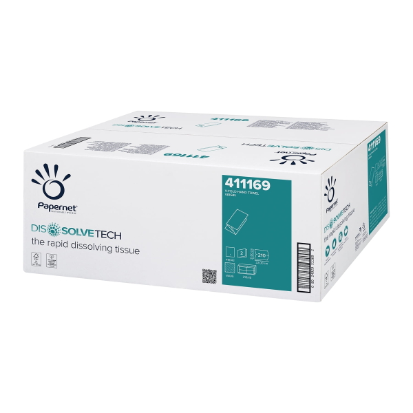 Prosoape de hartie pliate V, Dissolve Tech, Papernet 411169, albe, 21x22cm, 2 straturi, certificate Ecolabel, FSC, 210 servetele / pachet, 15 pachete / bax