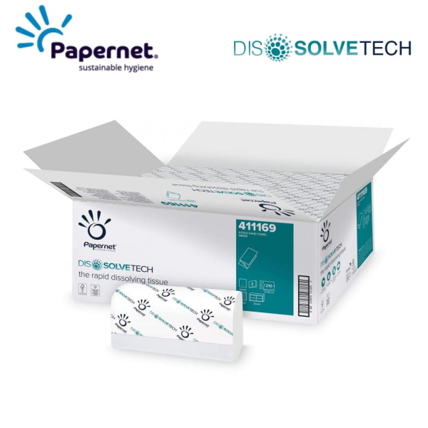 Prosoape de hartie pliate V, Dissolve Tech, Papernet 411169, albe, 21x22cm, 2 straturi, certificate Ecolabel, FSC, 210 servetele / pachet, 15 pachete / bax