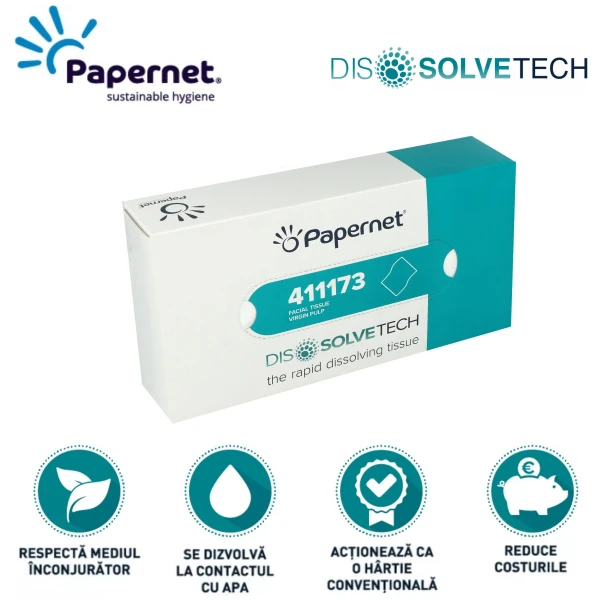 Servetele faciale dizolvabile in apa, Dissolve Tech, Papernet 411173, albe, 2 straturi, 100 servetele / cutie