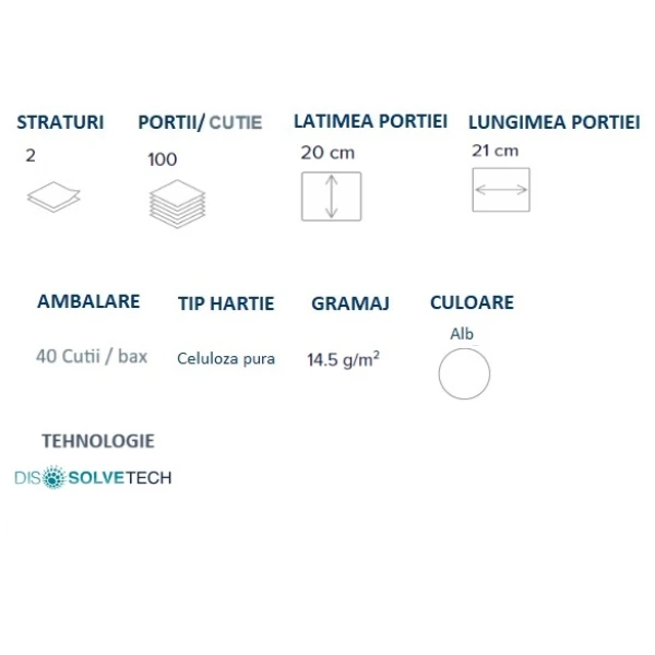 Servetele faciale dizolvabile in apa, Dissolve Tech, Papernet 411173, albe, 2 straturi, 100 servetele / cutie