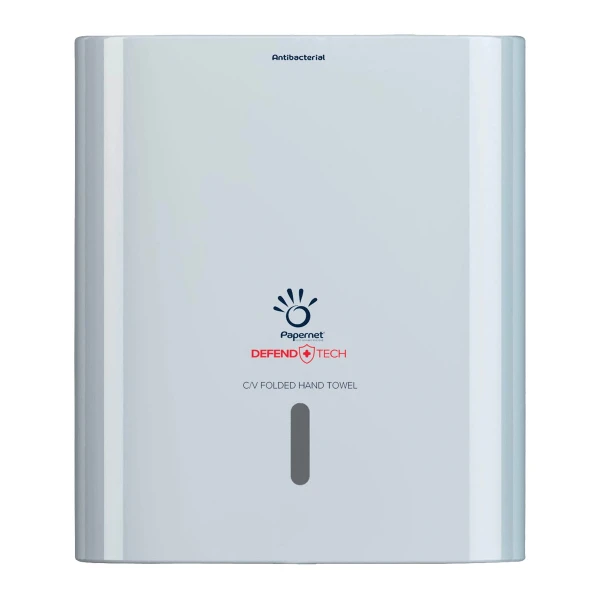 Dispenser Antibacterial DEFEND TECH, Papernet 416143, alb, pentru prosoape de hartie pliate C/V, dimensiuni 33.6 x 14.5 x 30 cm