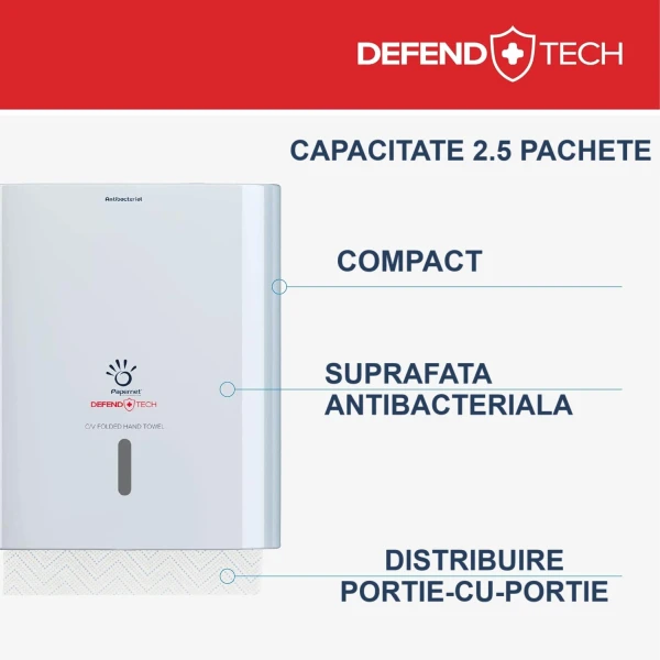Dispenser Antibacterial DEFEND TECH, Papernet 416143, alb, pentru prosoape de hartie pliate C/V, dimensiuni 33.6 x 14.5 x 30 cm