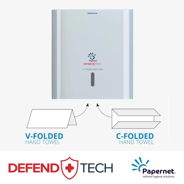 Dispenser Antibacterial DEFEND TECH, Papernet 416143, alb, pentru prosoape de hartie pliate C/V, dimensiuni 33.6 x 14.5 x 30 cm