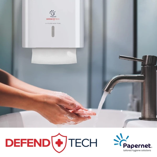 Dispenser Antibacterial DEFEND TECH, Papernet 416143, alb, pentru prosoape de hartie pliate C/V, dimensiuni 33.6 x 14.5 x 30 cm