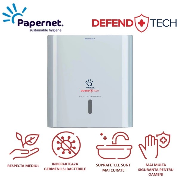 Dispenser Antibacterial DEFEND TECH, Papernet 416143, alb, pentru prosoape de hartie pliate C/V, dimensiuni 33.6 x 14.5 x 30 cm