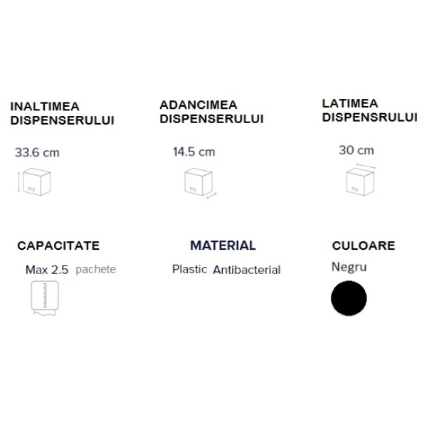 Dispenser Antibacterial  prosoape hartie pliate DEFEND TECH, Papernet 417204, negru, pentru prosoape de hartie pliate C/V, dimensiuni 33.6 x 14.5 x 30 cm