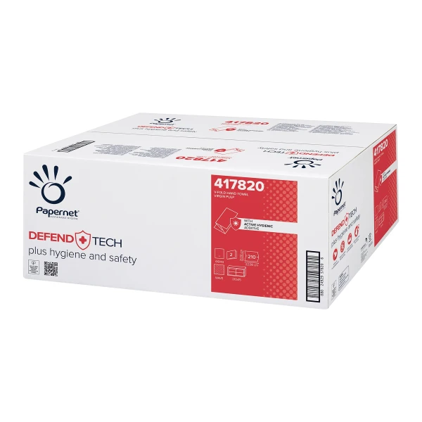 Prosoape de hartie pliate V, Defend Tech, Papernet 417820, albe, 21x22cm, 2 straturi, 210 servetele / pachet, 15 pachete / bax