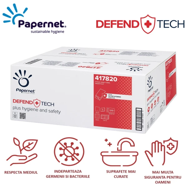 Prosoape de hartie pliate V, Defend Tech, Papernet 417820, albe, 21x22cm, 2 straturi, 210 servetele / pachet, 15 pachete / bax