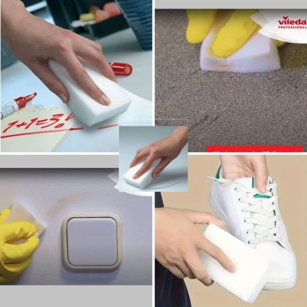 Burete Vileda Miraclean din melamina, indeparteaza rapid urme si murdaria dificila, cauciuc, marker, cafea, 10 x 6 cm, alb, 12buc/set