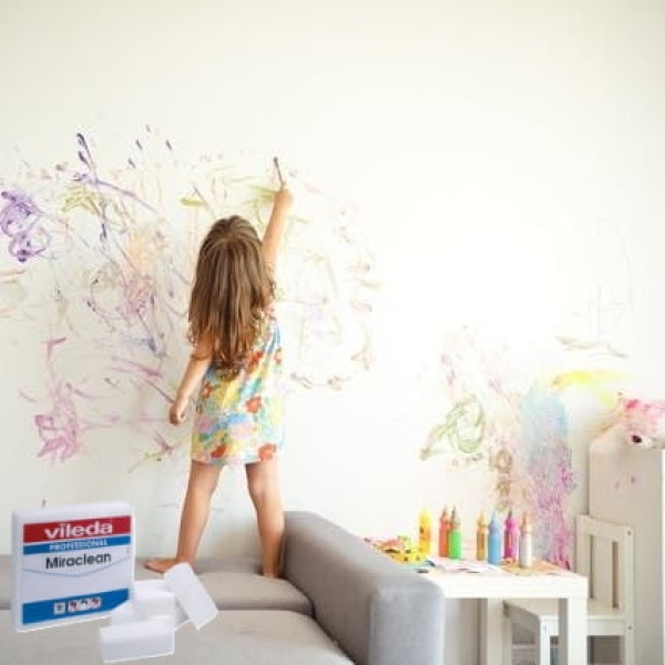 Burete Vileda Miraclean din melamina, indeparteaza rapid urme si murdaria dificila, cauciuc, marker, cafea, 10 x 6 cm, alb, 12buc/set