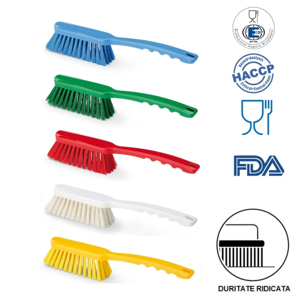 Perie de mana cu maner mediu, duritate ridicata, rosie, rezistenta la 121°C, autoclavare pentru industria alimentara, certificare HACCP, FDA