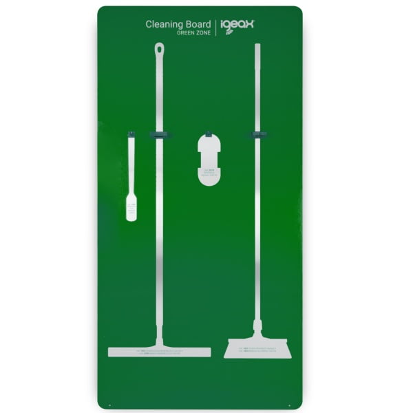 Panou verde din aluminiu pentru agatarea si depozitarea igienica a ustensilelor de curatare, imprimat cu codul si forma acestora, shadow board IGEAX 1G, 1000 x 3 x 2000 mm, HACCP