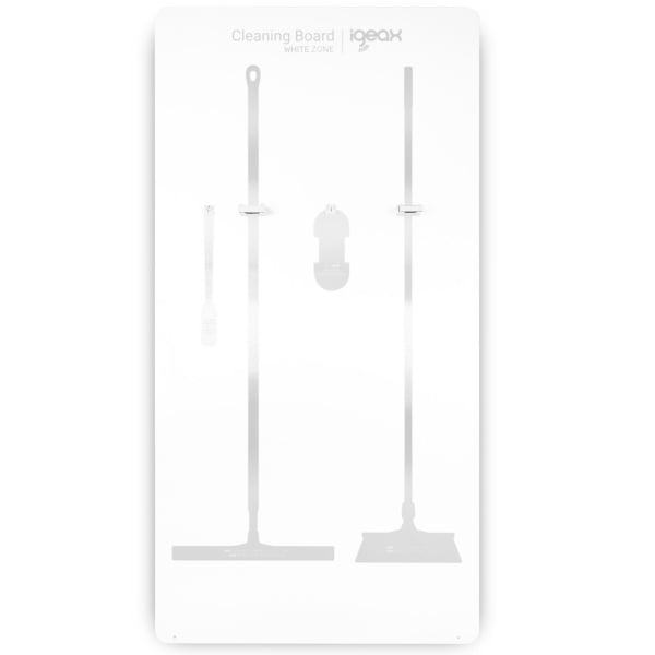 Panou alb din aluminiu pentru agatarea si depozitarea igienica a ustensilelor de curatare, imprimat cu codul si forma acestora, shadow board IGEAX 1W, 1000 x 3 x 2000 mm, HACCP