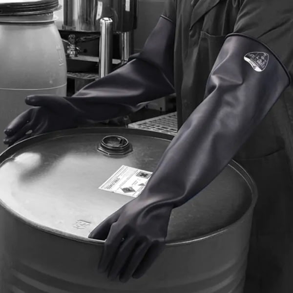 Manusi de protectie chimica, Chemprotec Mediumweight SC107, negre, din latex, rezistenta la abraziune, protectie termica maxim 100°C lungime 60 cm grosime medie, Polyco