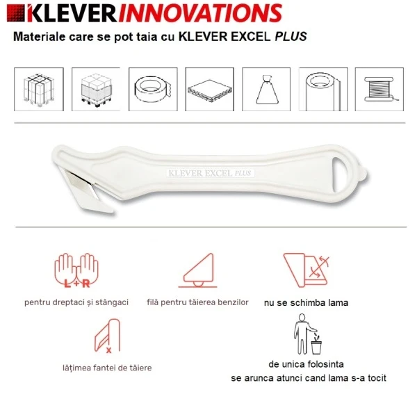 Cutter profesional pentru taierea ambalajelor mai groase, Klever Excel PLUS, alb, lama din otel-carbon, incorporata in maner, ergonomic si rezistent