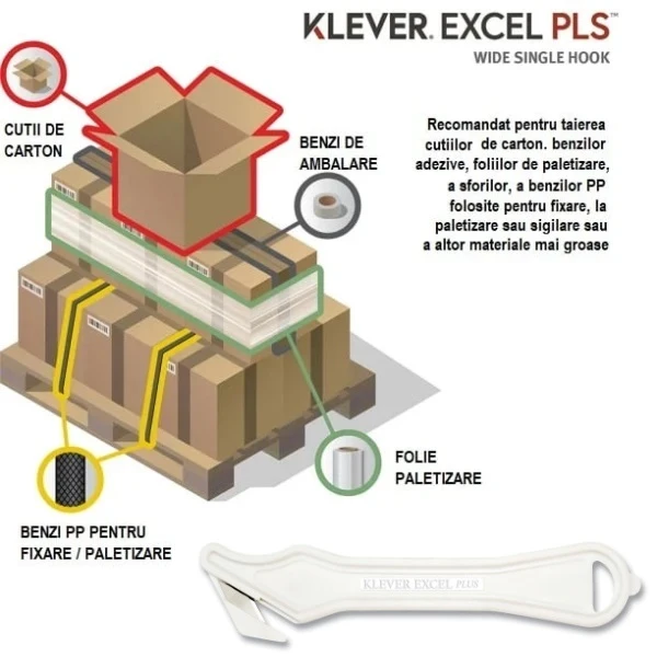 Cutter profesional pentru taierea ambalajelor mai groase, Klever Excel PLUS, alb, lama din otel-carbon, incorporata in maner, ergonomic si rezistent