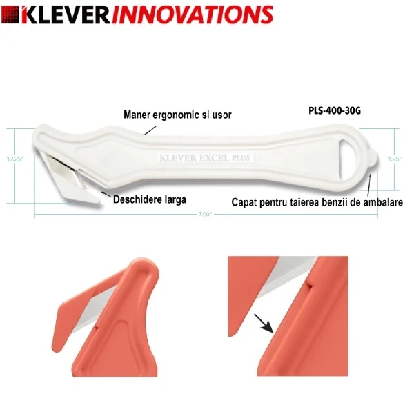 Cutter profesional pentru taierea ambalajelor mai groase, Klever Excel PLUS, alb, lama din otel-carbon, incorporata in maner, ergonomic si rezistent