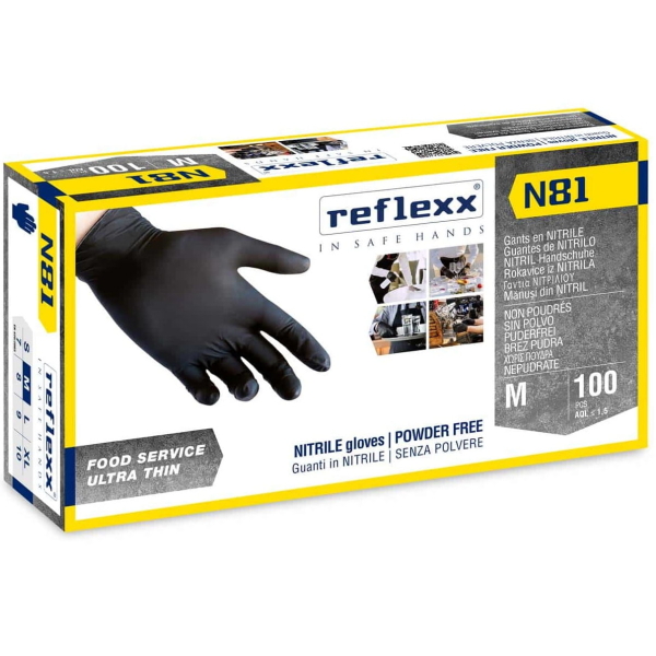 Manusi nitril negre, Reflexx N81, nepudrate, grosime 0.06 mm,100 buc / cutie, pentru HoReCa, saloane si domeniul industrial si medical