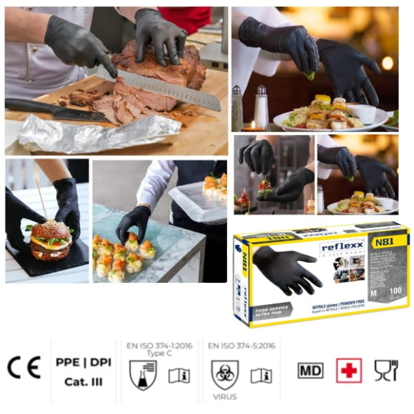 Manusi nitril negre, Reflexx N81, nepudrate, grosime 0.06 mm,100 buc / cutie, pentru HoReCa, saloane si domeniul industrial si medical