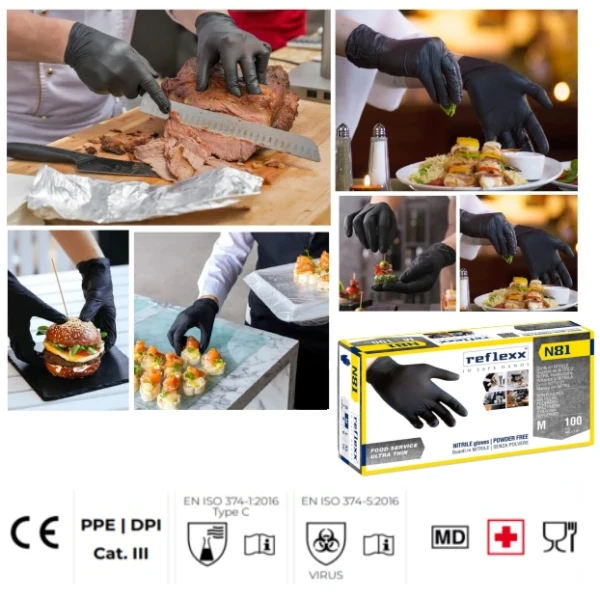 Manusi nitril negre, Reflexx N81, nepudrate, grosime 0.06 mm,100 buc / cutie, pentru HoReCa, saloane si domeniul industrial si medical