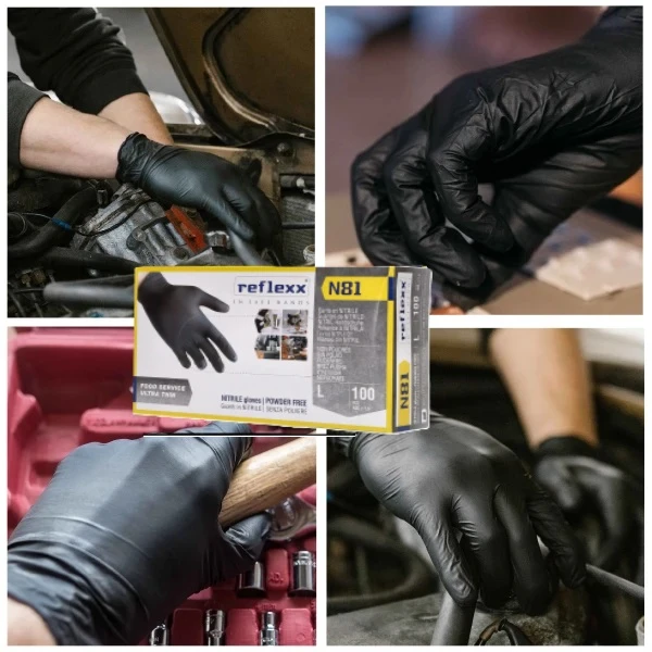 Manusi nitril negre, Reflexx N81, nepudrate, grosime 0.06 mm,100 buc / cutie, pentru HoReCa, saloane si domeniul industrial si medical