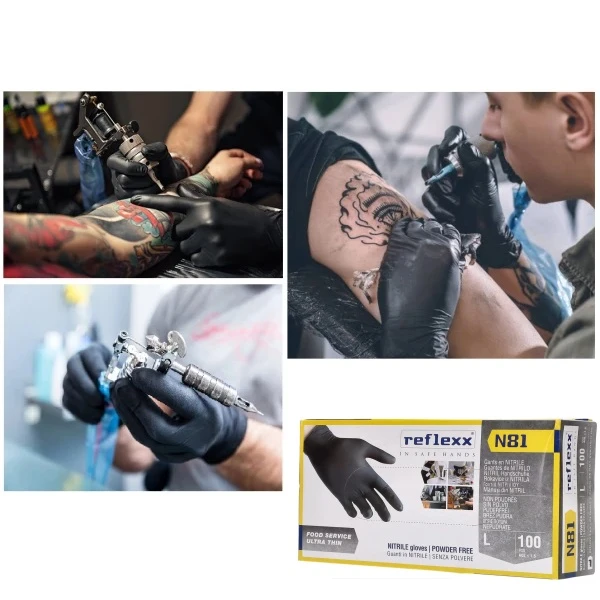 Manusi nitril negre, Reflexx N81, nepudrate, grosime 0.06 mm,100 buc / cutie, pentru HoReCa, saloane si domeniul industrial si medical