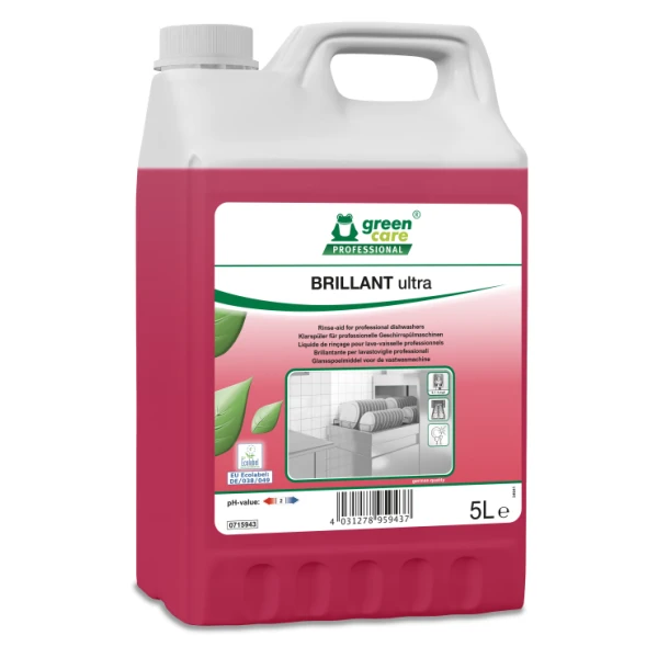 Aditiv de clatire ecologic concentrat, BRILLANT Ultra, 5 litri pentru masina de spalat vase profesionala, adecvat pentru apa cu duritate mare (apa dura), certificat Ecolabel, Biodegradabil complet
