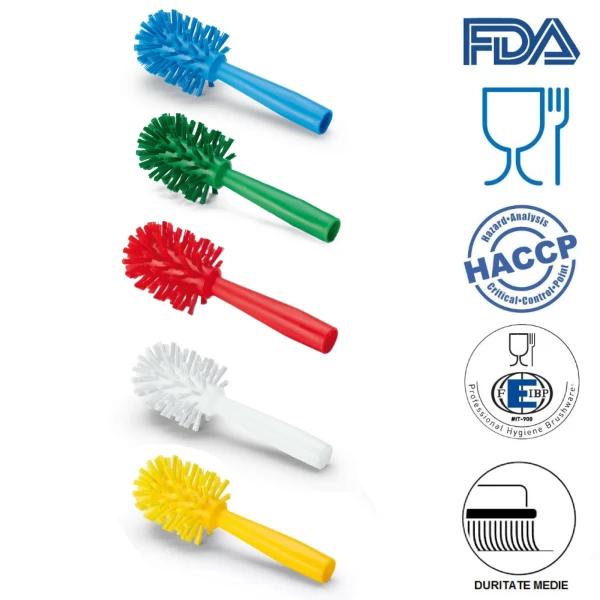 Perie rotunda pentru tevi, IGEAX 1032, rosie, duritate medie, ø 65 mm, cu filet pentru maner, autoclavare la 121 °C, pentru industria alimentara, certificata HACCP, FDA