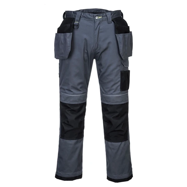 Pantaloni de lucru Holster gri-negru, rezistenti, din polibumbac 300 g/m² Kingsmill, cusaturi triple, detalii reflectorizante, UPF 40, tiv regabil