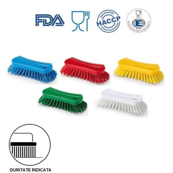 Perie de mana, 23 x 10 cm, ergonomica, duritate mare- peri duri, albastra, rezistenta la 121 °C, autoclavare,  pentru industria alimentara, certificata HACCP, FDA