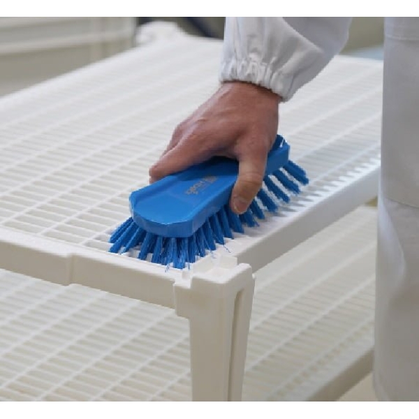 Perie de mana, 23 x 10 cm, ergonomica, duritate mare- peri duri, albastra, rezistenta la 121 °C, autoclavare,  pentru industria alimentara, certificata HACCP, FDA