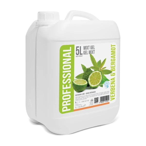 Gel mixt cu aroma de Verbina si Bergamota, 5 litri, cu ingrediente naturale, curata si catifeleaza pielea, PH neutru, gama Botanika