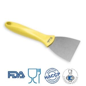 Scraper / Racleta cu lama din otel inoxidabil,  75 mm, cu maner galben din plastic, rezistent pana la 121° C, pentru industria alimentara, certificata HACCP, FDA