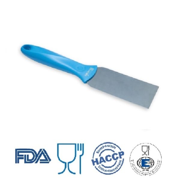 Scraper / Racleta cu lama din otel inoxidabil,  50 mm, cu maner albastru din plastic, rezistent pana la 121° C, pentru industria alimentara, certificata HACCP, FDA