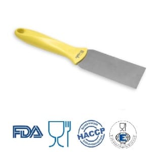 Scraper / Racleta cu lama din otel inoxidabil,  50 mm, cu maner galben din plastic, rezistent pana la 121° C, pentru industria alimentara, certificata HACCP, FDA