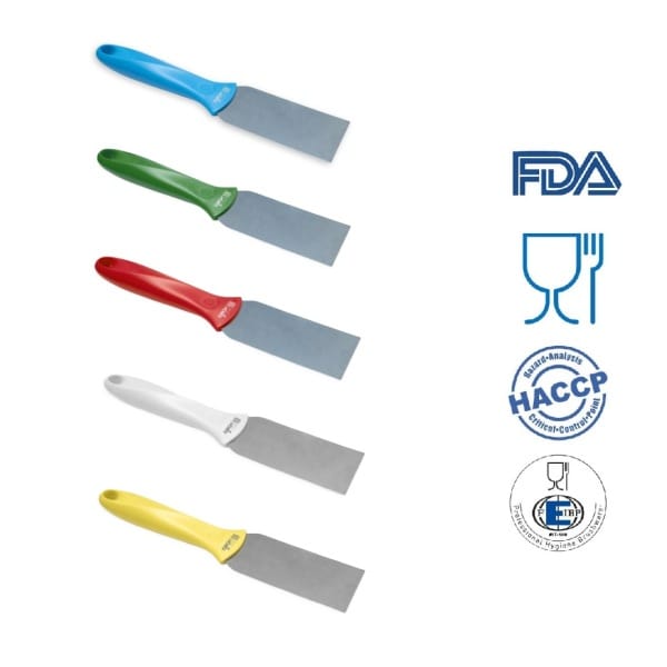 Scraper / Racleta cu lama din otel inoxidabil,  50 mm, cu maner albastru din plastic, rezistent pana la 121° C, pentru industria alimentara, certificata HACCP, FDA
