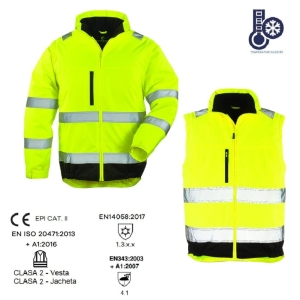 Jacheta 2 in 1 impermeabila, Hi-Viz, impotriva temperaturilor scazute, ploii si vantului, HI-WAY, jacheta si vesta, galben fluorescent, captusita, maneci detasabile