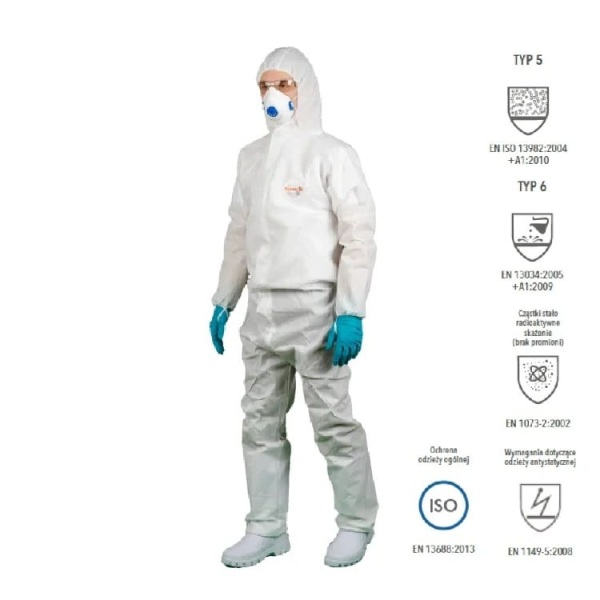 Combinezon de protectie, OxyChem C110, clasa 5/6, polipropilena, alb, antistatic, protectie impotriva contaminarii cu chimicale, microorganisme si particule radioactive