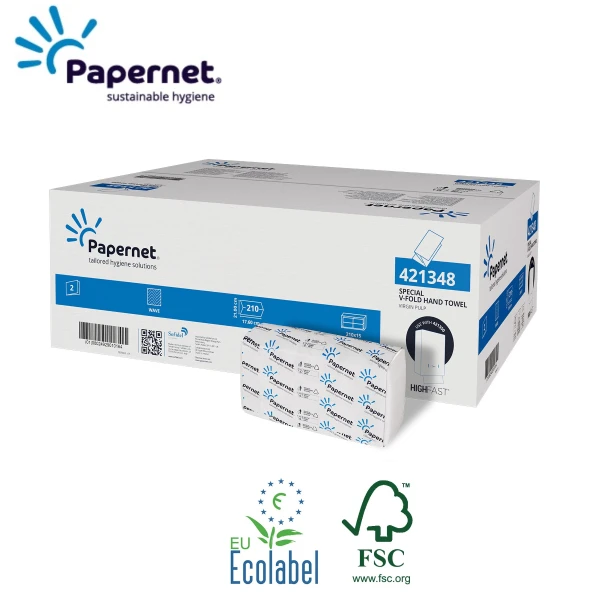 SD421348_Prosoape de hartie pliate V, Papernet 421348, celuloza alba, 17.6x10.5cm, 210 portii_pachet, certificat FSC, Ecolabel Prosoape de hartie pliate V, Papernet 421348, pentru dispensere SD421350 HighFast celuloza alba, 17.6x10.5cm, 210 portii/pachet, 15 pachete/bax, certificat FSC, Ecolabel