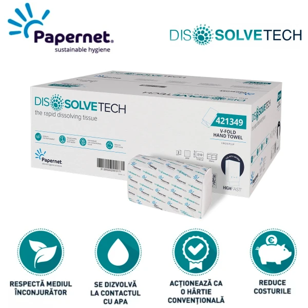 Prosoape de hartie pliate V, Papernet 421349, celuloza alba, Dissolve Tech, 21x17.6 cm, 210 portii/pachet, 15 pachete/bax, certificat FSC, Ecolabel