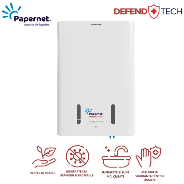 Dispenser HIGHFAST, Defend Tech pentru prosoape de hartie pliate V, plastic alb tratat antibacterian