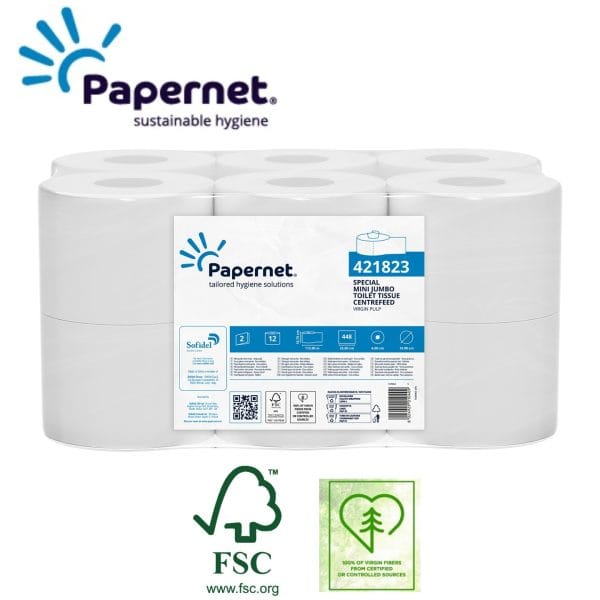 Hartie igienica derulare centrala, Papernet 421823, alba, 2 straturi, 112 m, 448 portii, latime 10.75 cm, 12 role/bax, certificata FSC