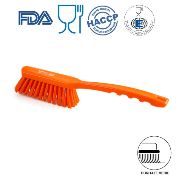Perie de mana cu maner mediu, duritate medie, portocaliu, rezistenta la 121°C, autoclavare  pentru industria alimentara, certificare HACCP, FDA