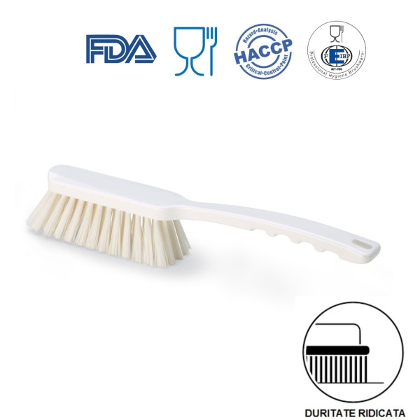 Perie de mana cu maner mediu, duritate ridicata, alba, rezistenta la 121°C, autoclavare  pentru industria alimentara, certificare HACCP, FDA