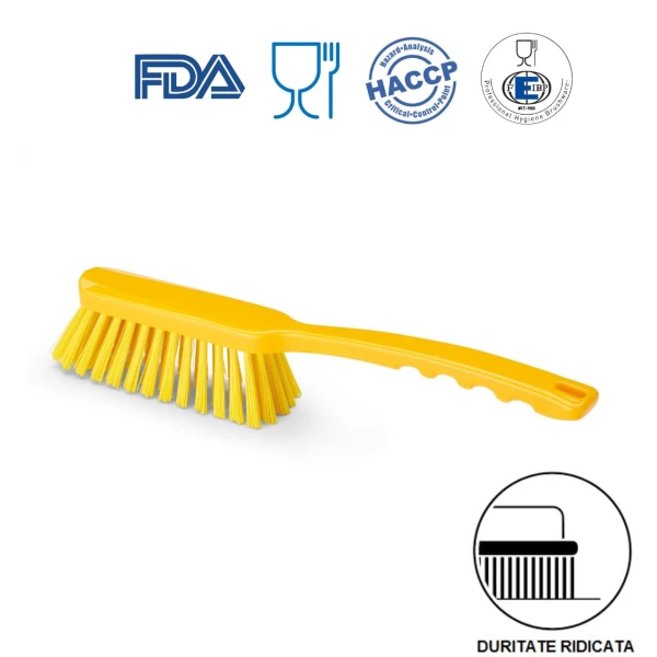 Perie de mana cu maner mediu, duritate ridicata, galbena, rezistenta la 121°C, autoclavare  pentru industria alimentara, certificare HACCP, FDA