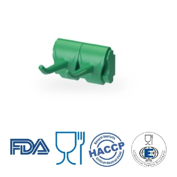 Suport de perete verde cu doua carlige, IGEAX 1076, pentru bara pentru ustensile curatenie, contine kitul de montare, certificat Food Contact, conform HACCP, FDA