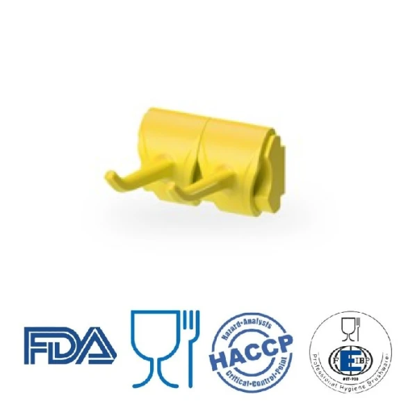 Suport de perete galben cu doua carlige, IGEAX 1076, pentru bara pentru ustensile curatenie, contine kitul de montare, certificat Food Contact, conform HACCP, FDA