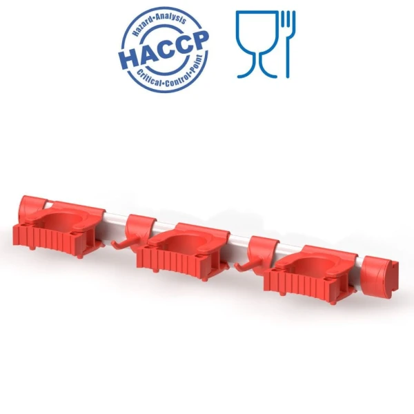 Suport ustensile cu prindere de perete, Igeax 1084, cu 3 suporturi pentru manere si 2 carlige, 50 cm, rosu, certificat Food Contact, conform HACCP
